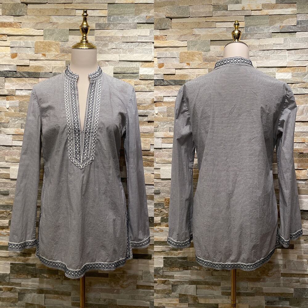 Tory Burch Striped Embroidered Tunic Top Sz 10 | Boho Resort